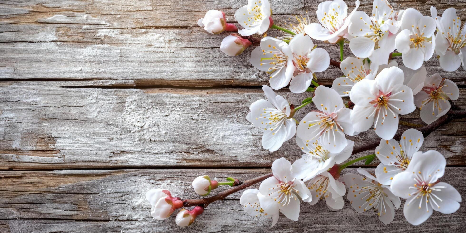 ai generado Fresco blanco Cereza flores en un rústico de madera fondo, foto