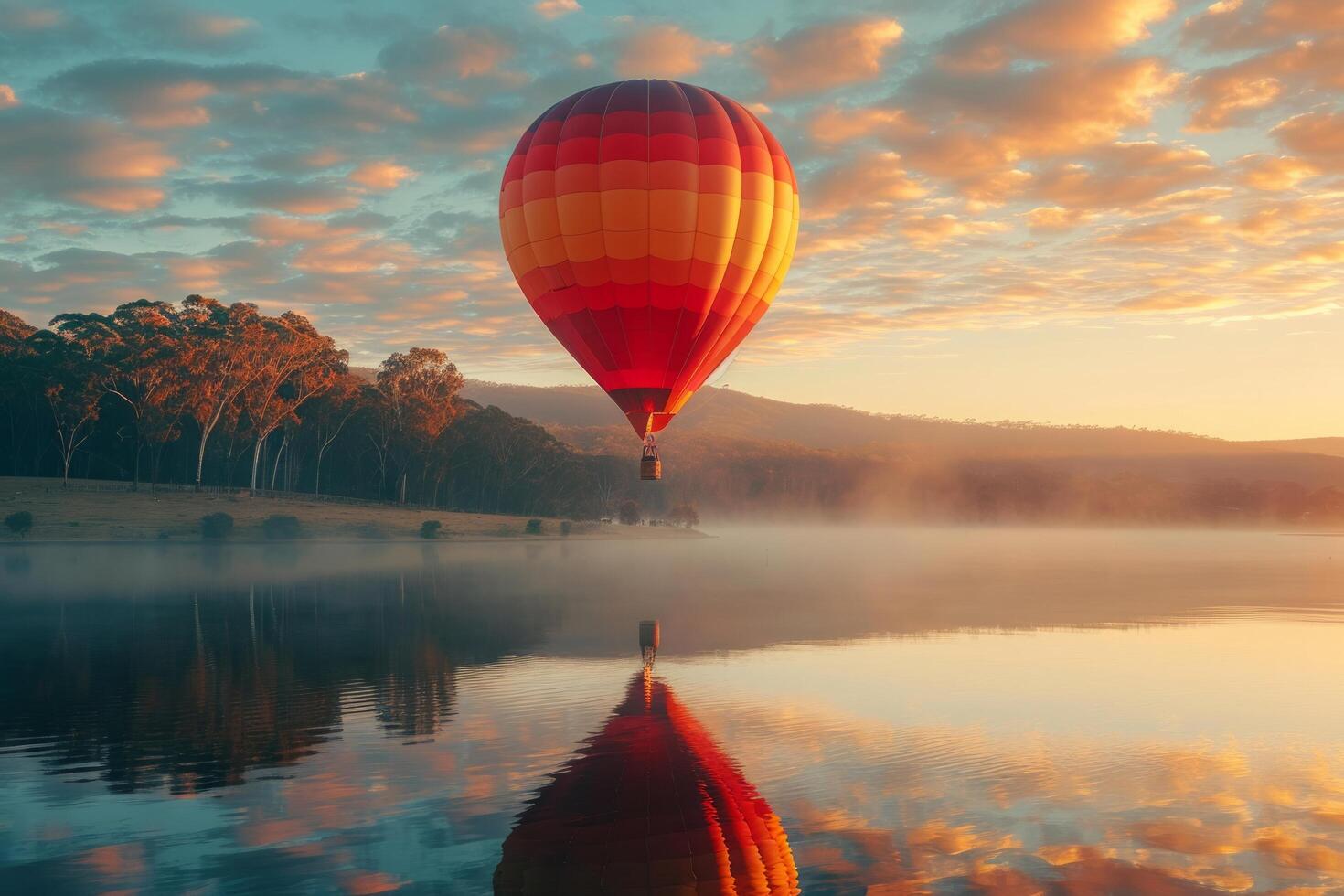 AI generated hot air balloon over lake photo