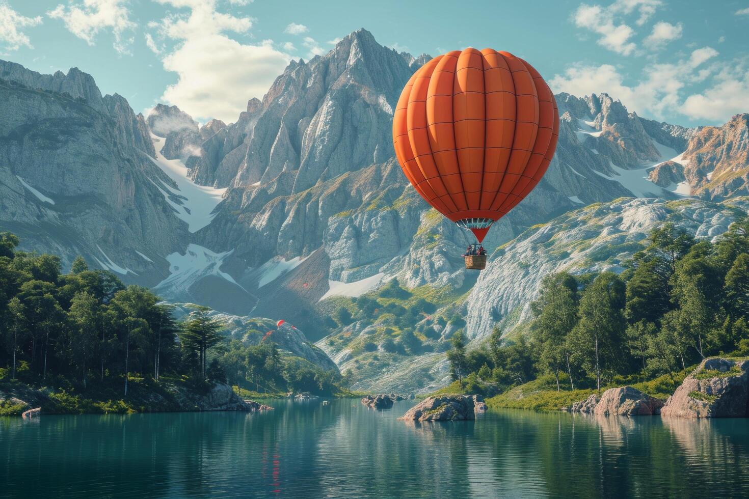 AI generated hot air balloon over lake in summer in summer photo