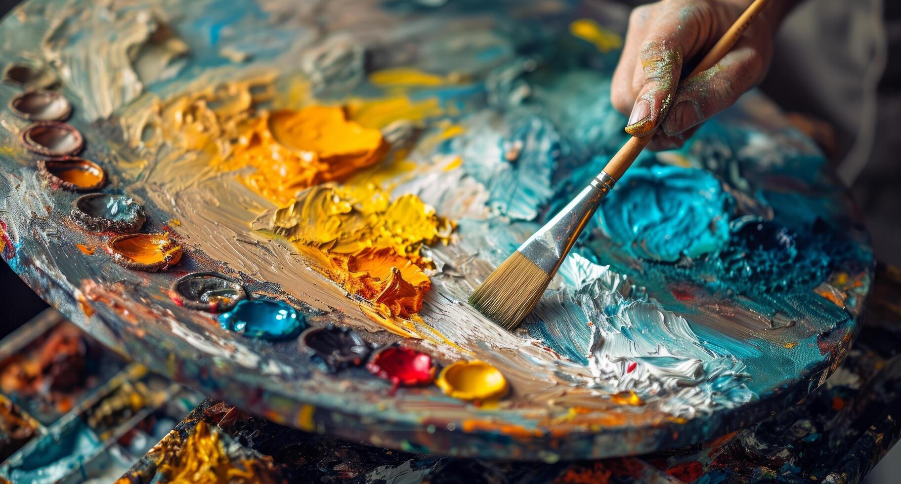 AI generated human painting with colored paints on a palette photo