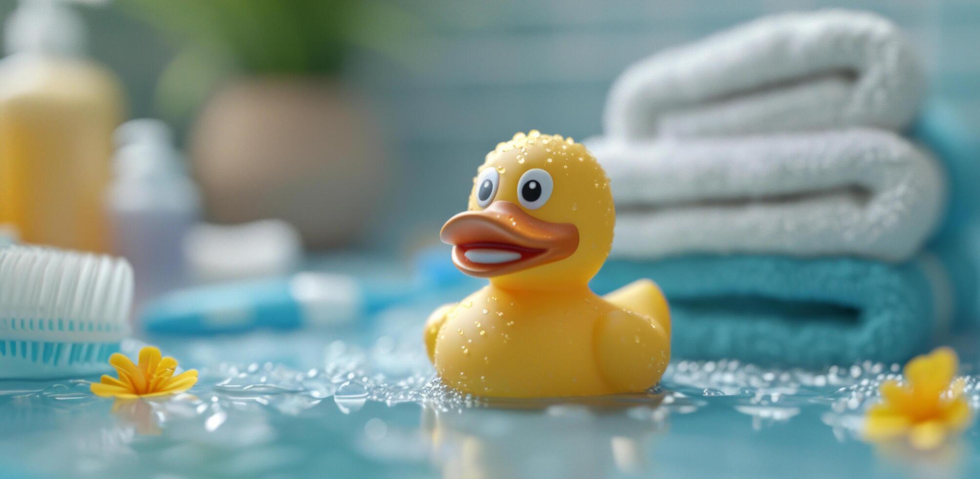 AI generated rubber duck in towels with toothbrush photo