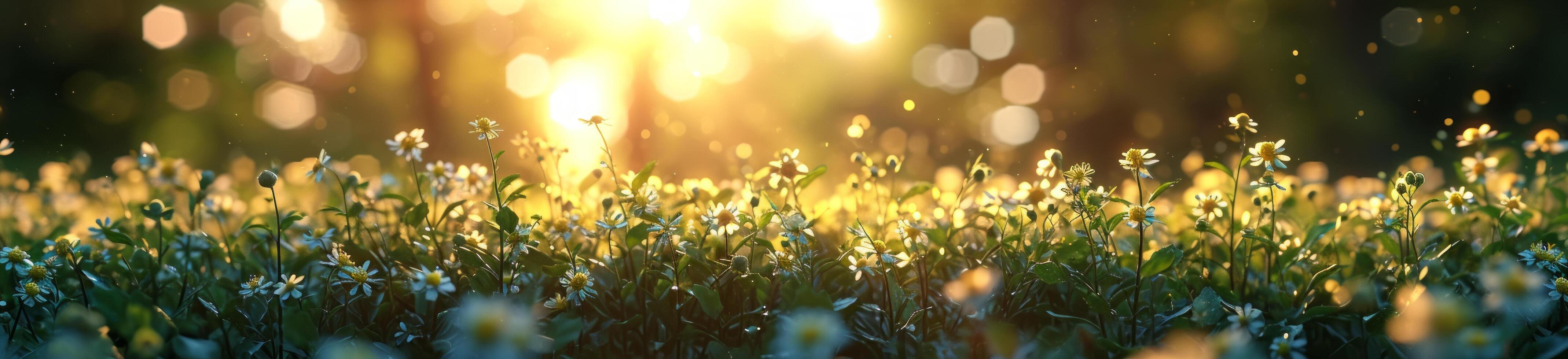 AI generated flowers on a grass field with the sun shining through the leaves photo