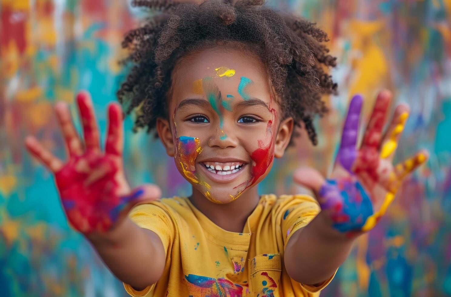 AI generated happy child holding colorful painting hands toddler photo