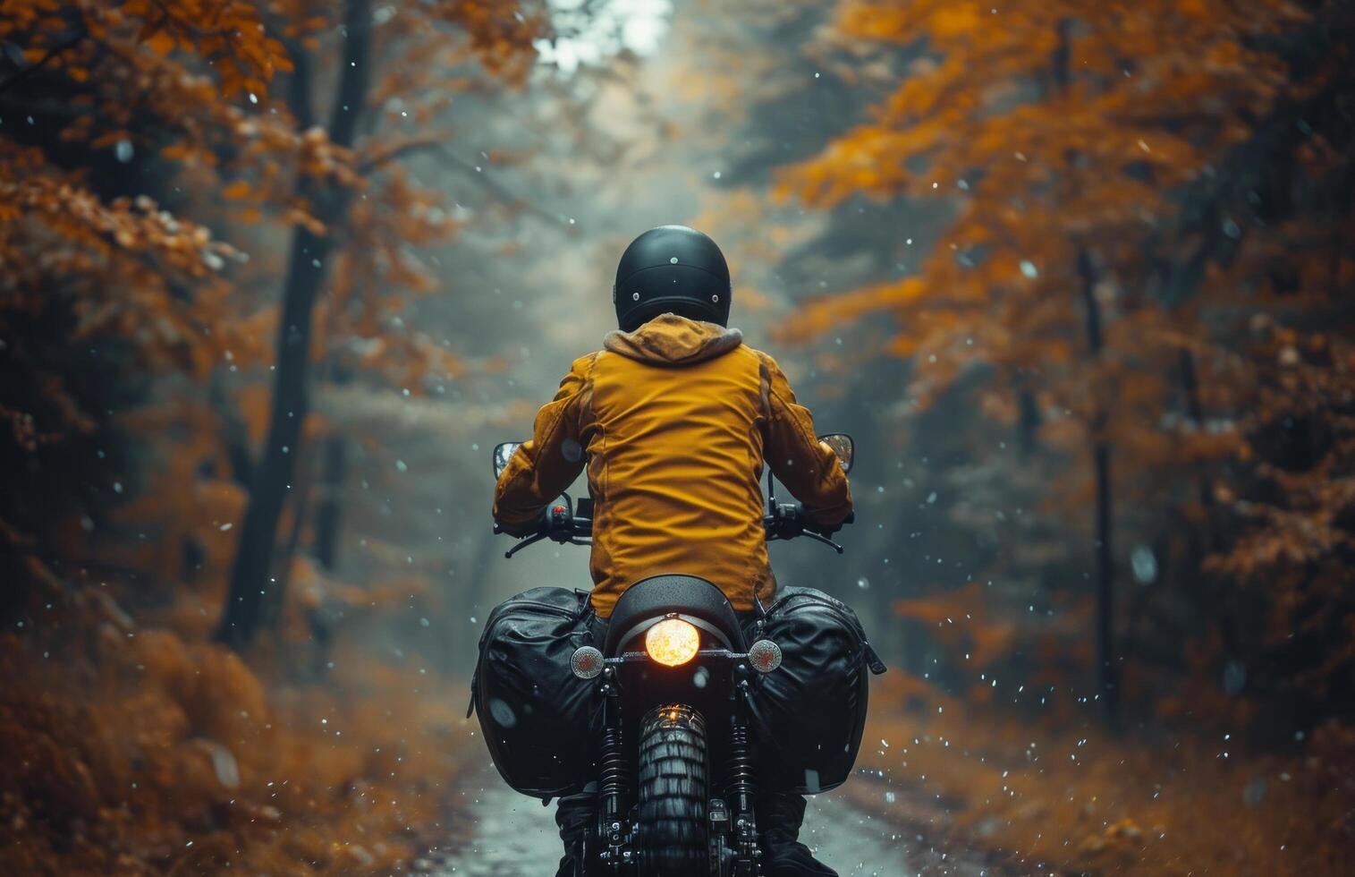 AI generated man riding motorcycle through the woods photo