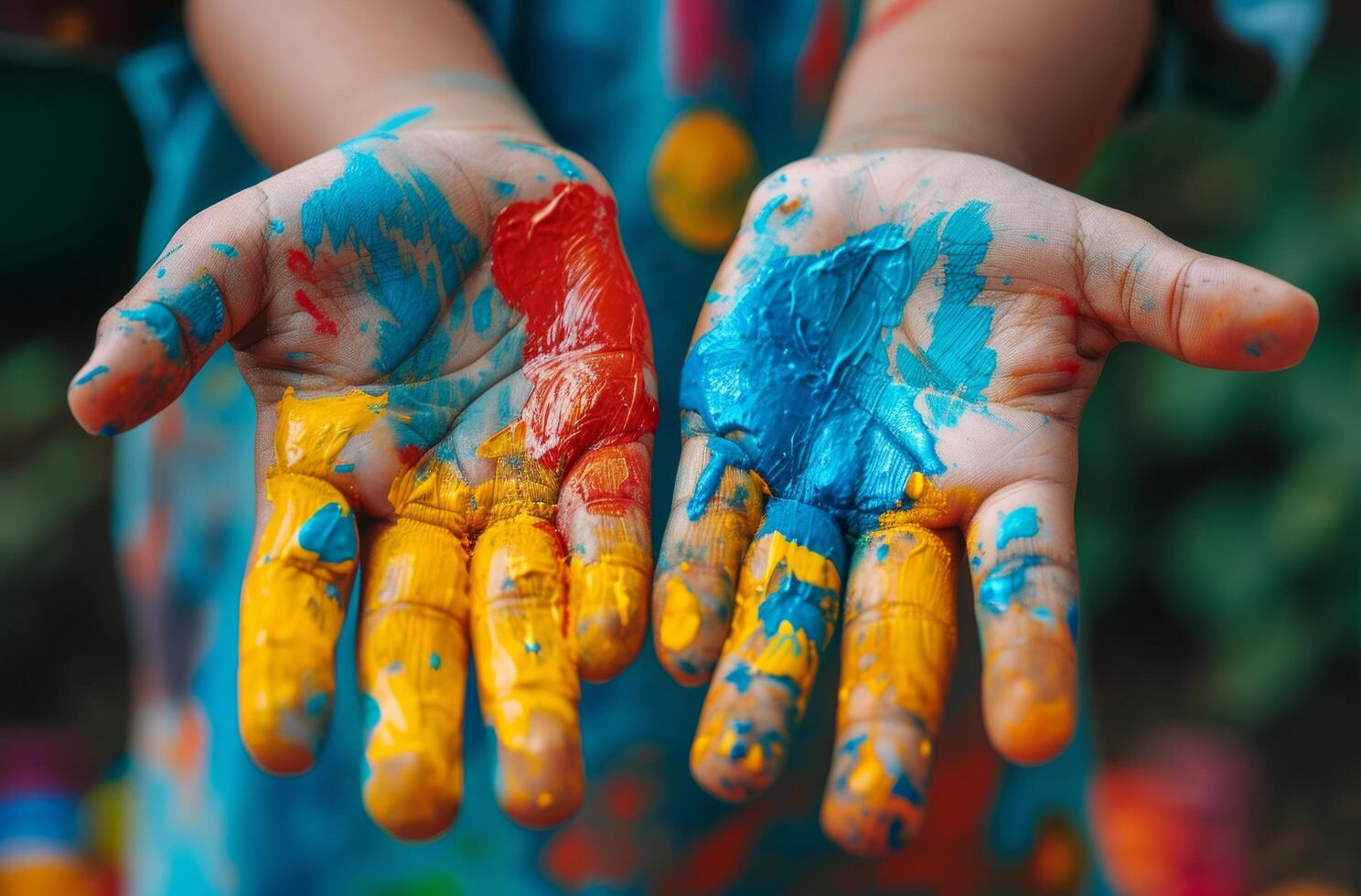 AI generated painting kids' hands with paints photo