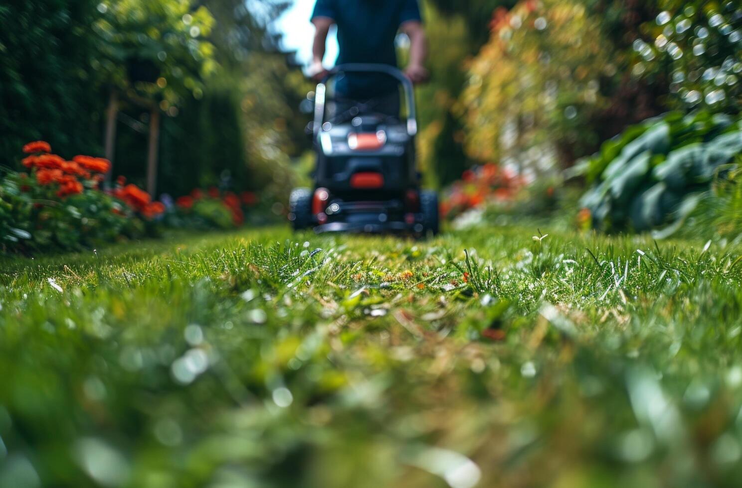 AI generated person's mowing lawn of grass photo