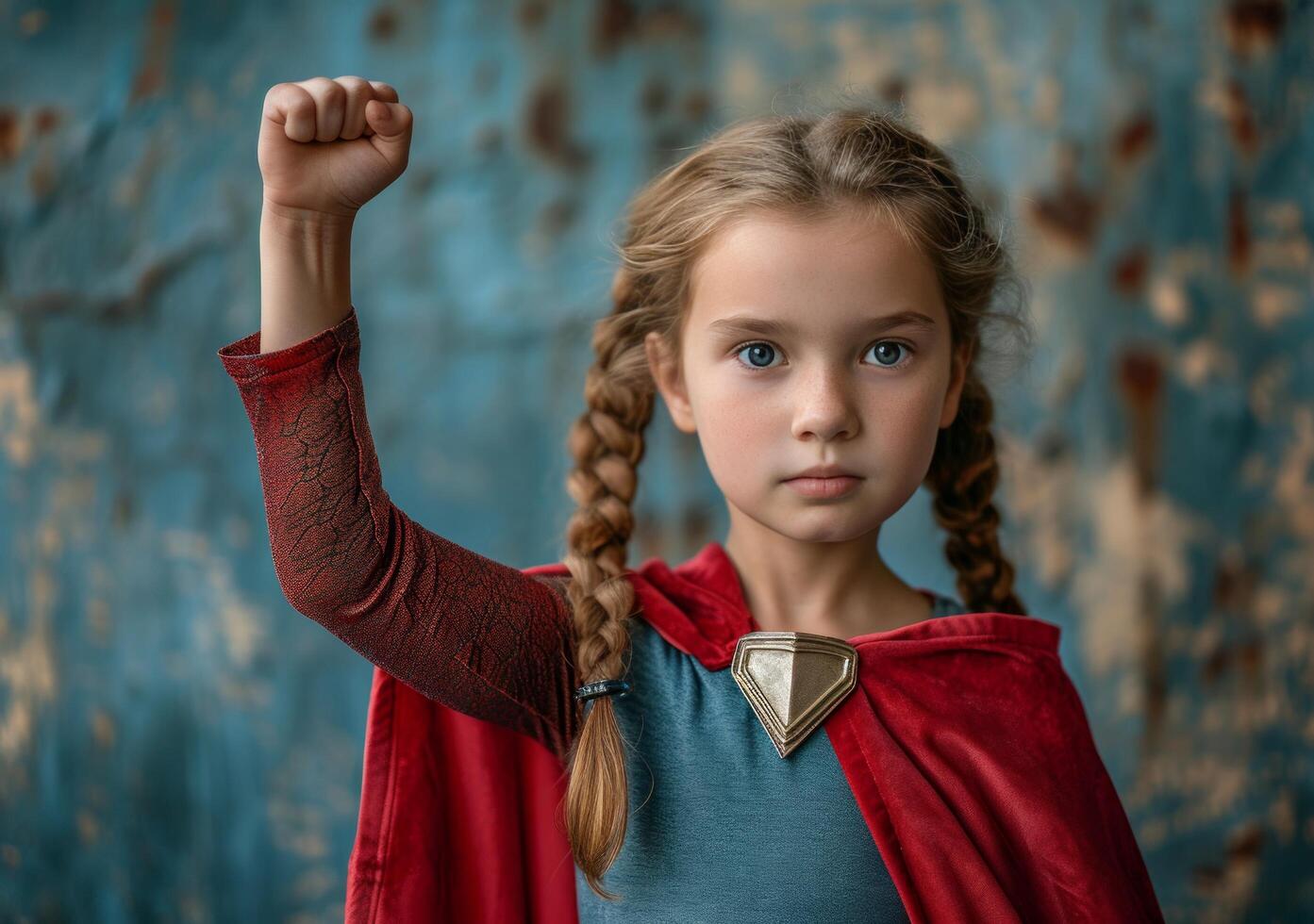 AI generated photo of a young girl raising her fist as a superhero
