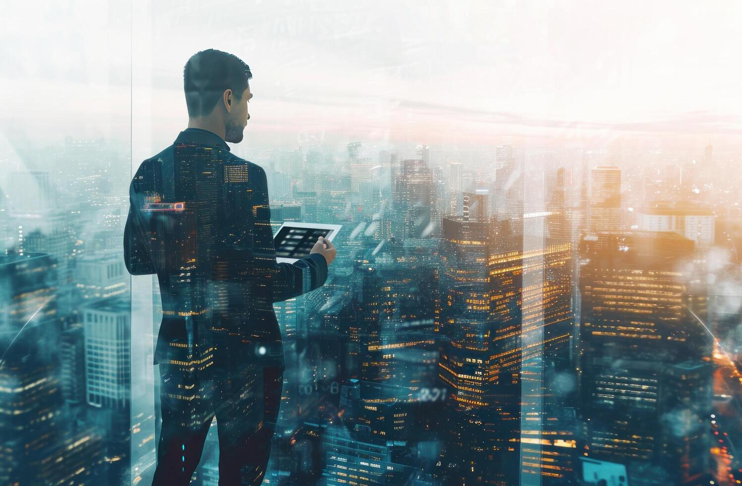 AI generated a businessman holding a tablet computer while looking at city buildings, photo