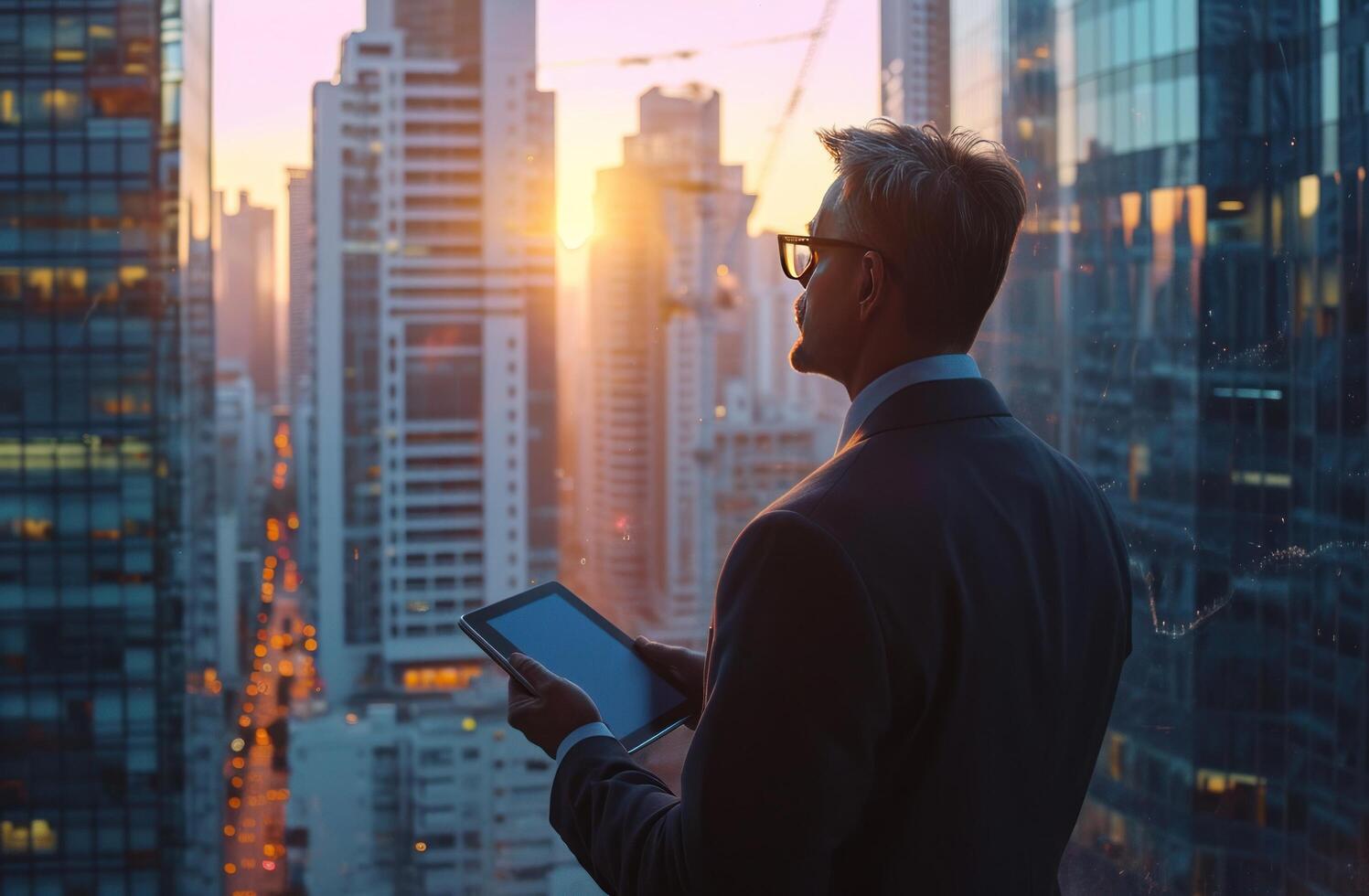 AI generated a businessman holding a tablet computer while looking at city buildings, photo