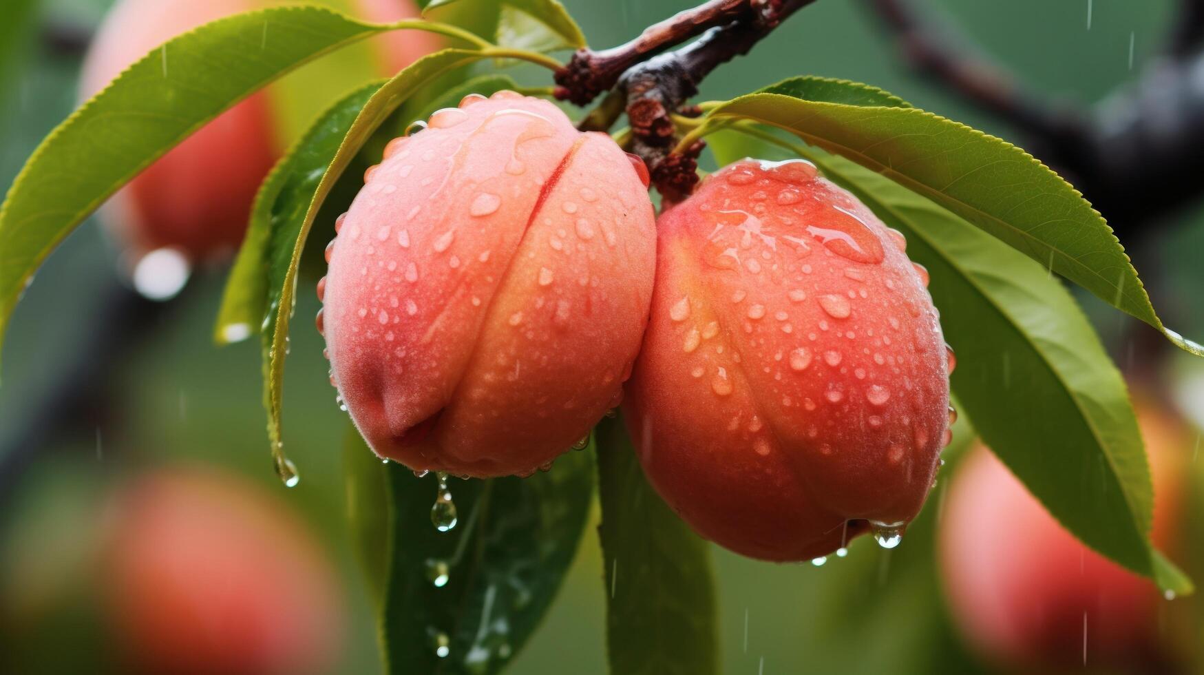 AI generated a ripe peach hanging on a branch with rainwater photo
