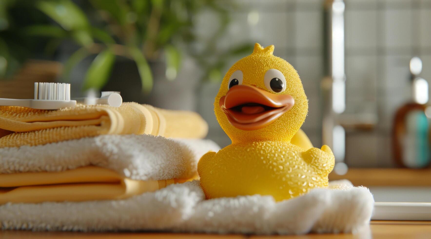 ai generado caucho Pato en toallas con cepillo de dientes foto