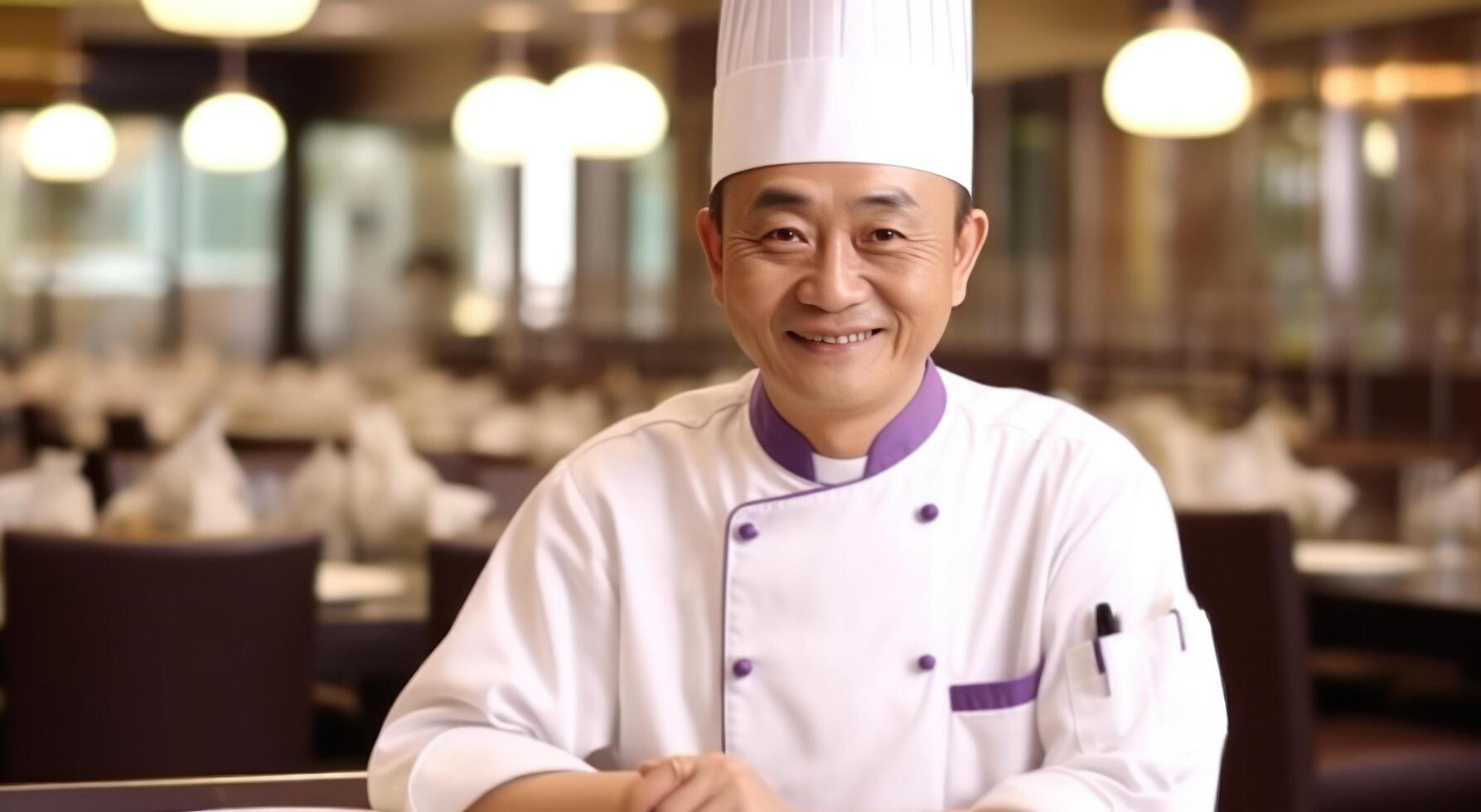 AI generated asian chef posing in the restaurant chef photo