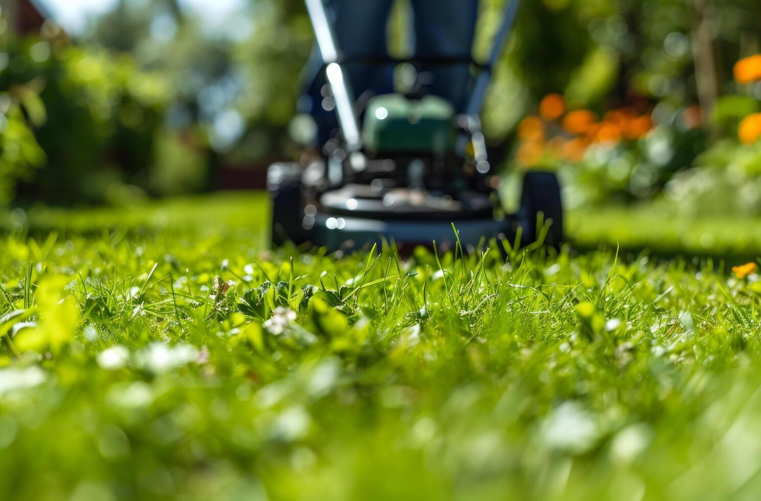 AI generated person's mowing lawn of grass photo