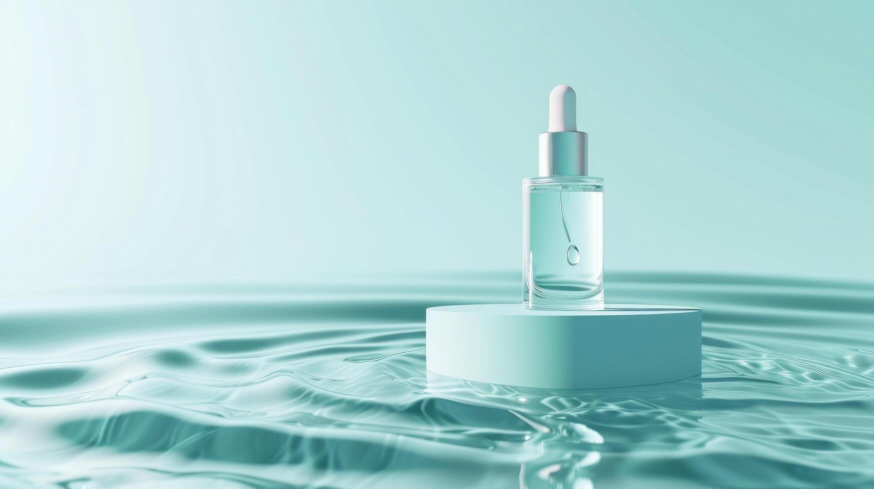 AI generated hydrating moisturizer of a cosmetic droplet bottle displayed on the podium floating on the wavy ripple water photo