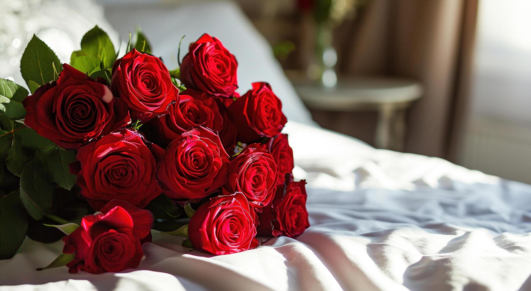 AI generated a bouquet of red roses on someone's bed photo