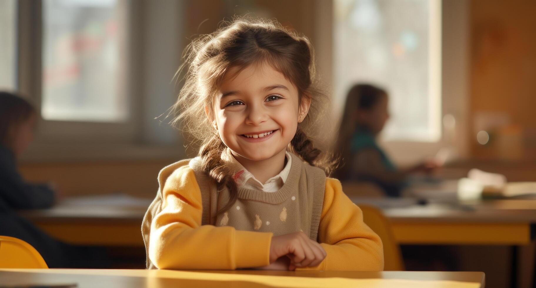 AI generated a little girl sitting at a desk and smiling photo