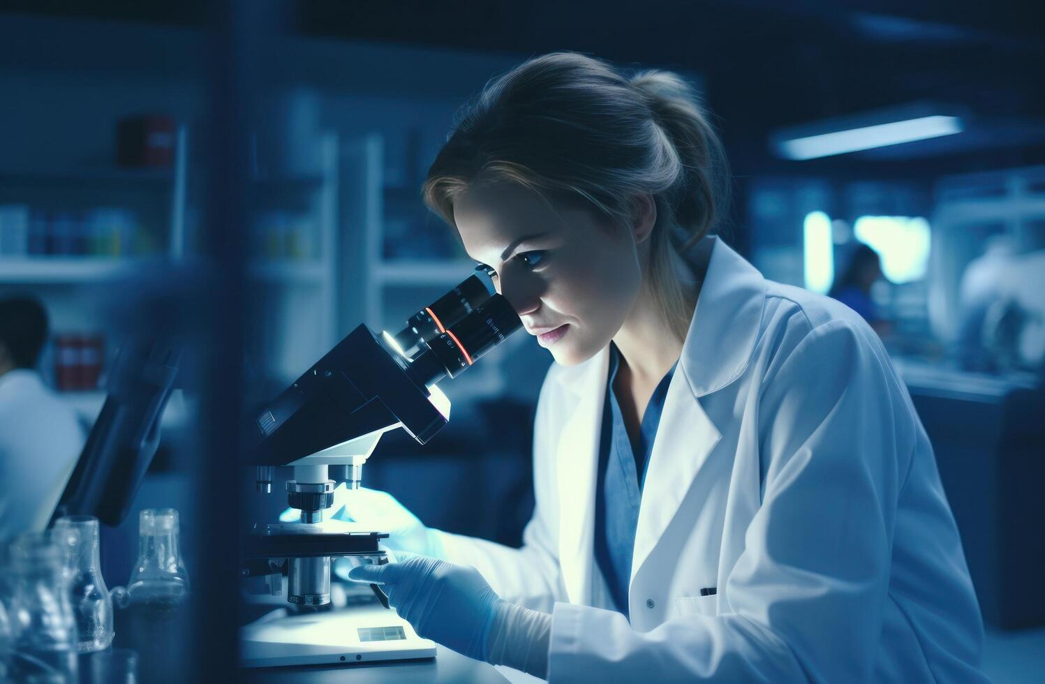 AI generated a female scientist looking through a microscope photo