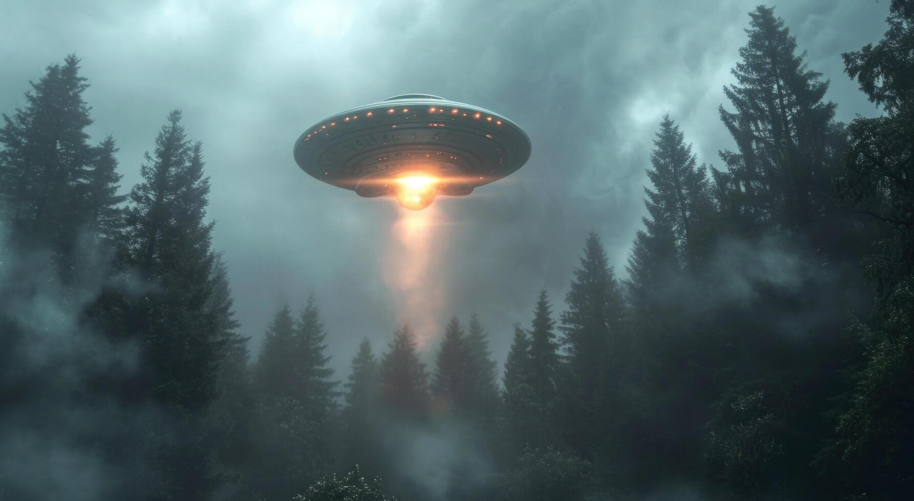 AI generated an ufo flying over a cloudy sky and trees, photo