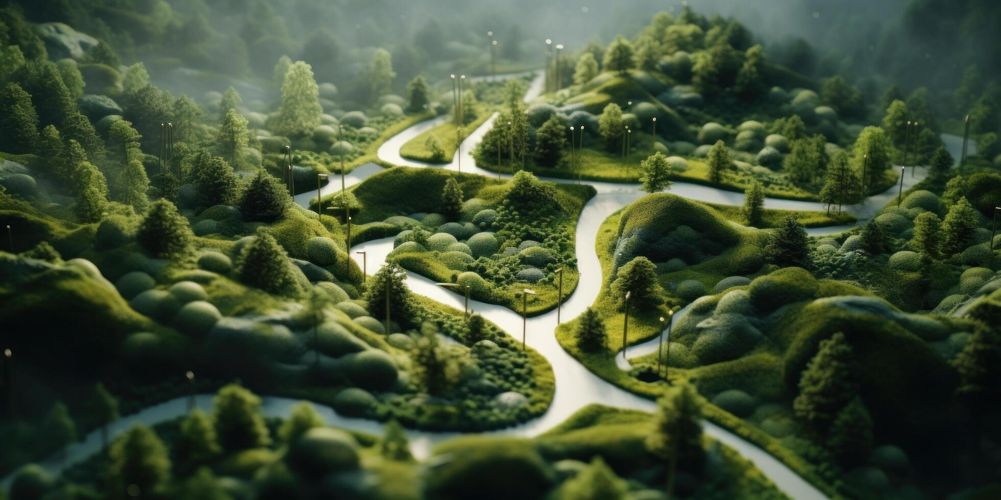 AI generated aerial shot of the forest with hills photo