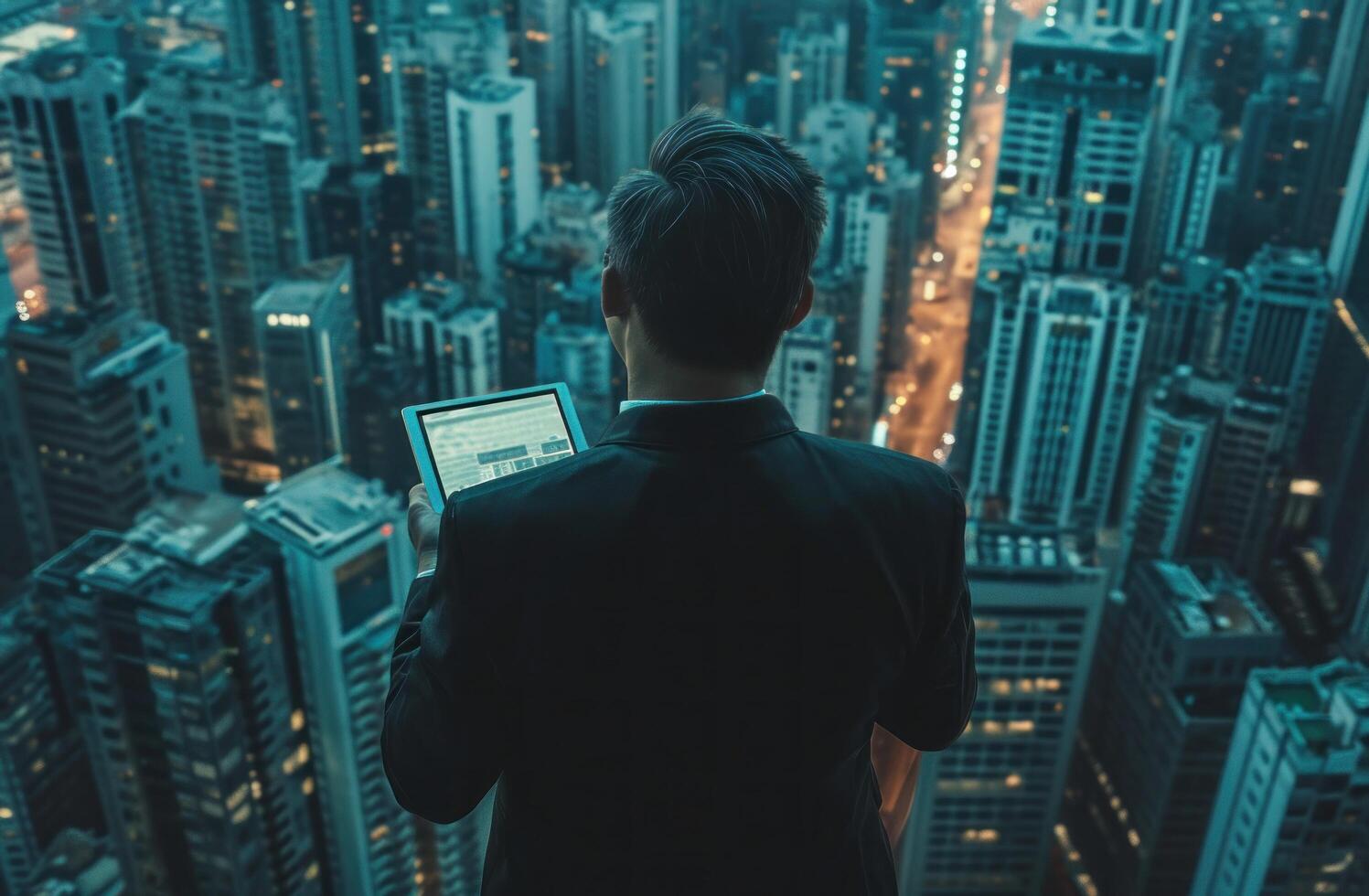AI generated a businessman holding a tablet computer while looking at city buildings, photo
