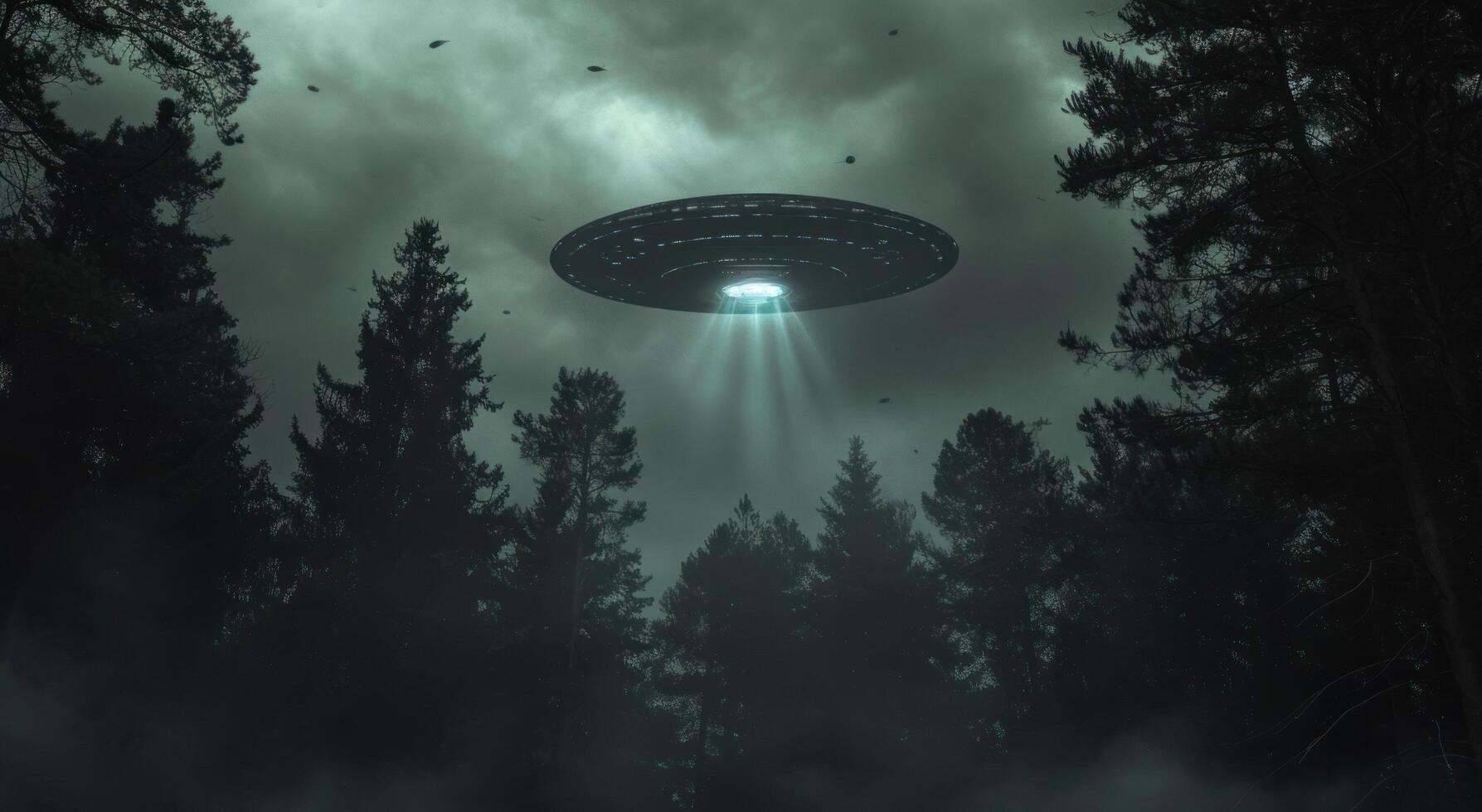 AI generated an alien spacecraft is flying near some dark trees photo