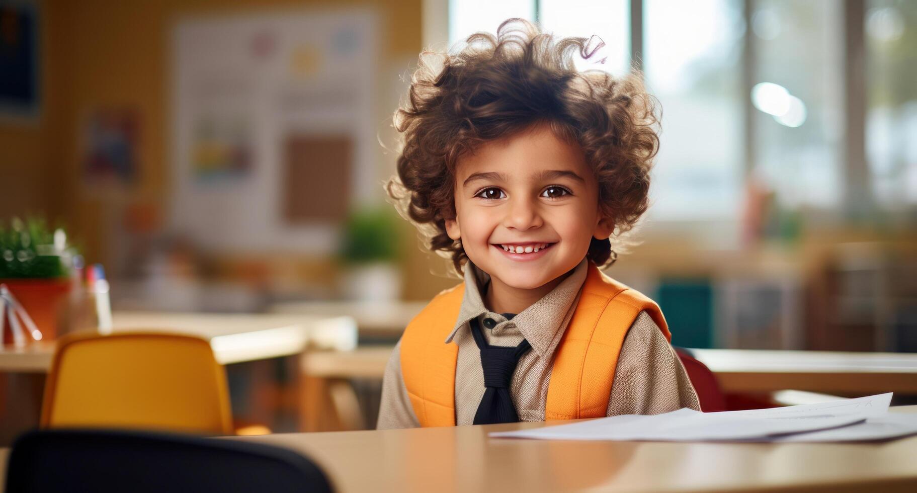 AI generated a little girl sitting at a desk and smiling photo