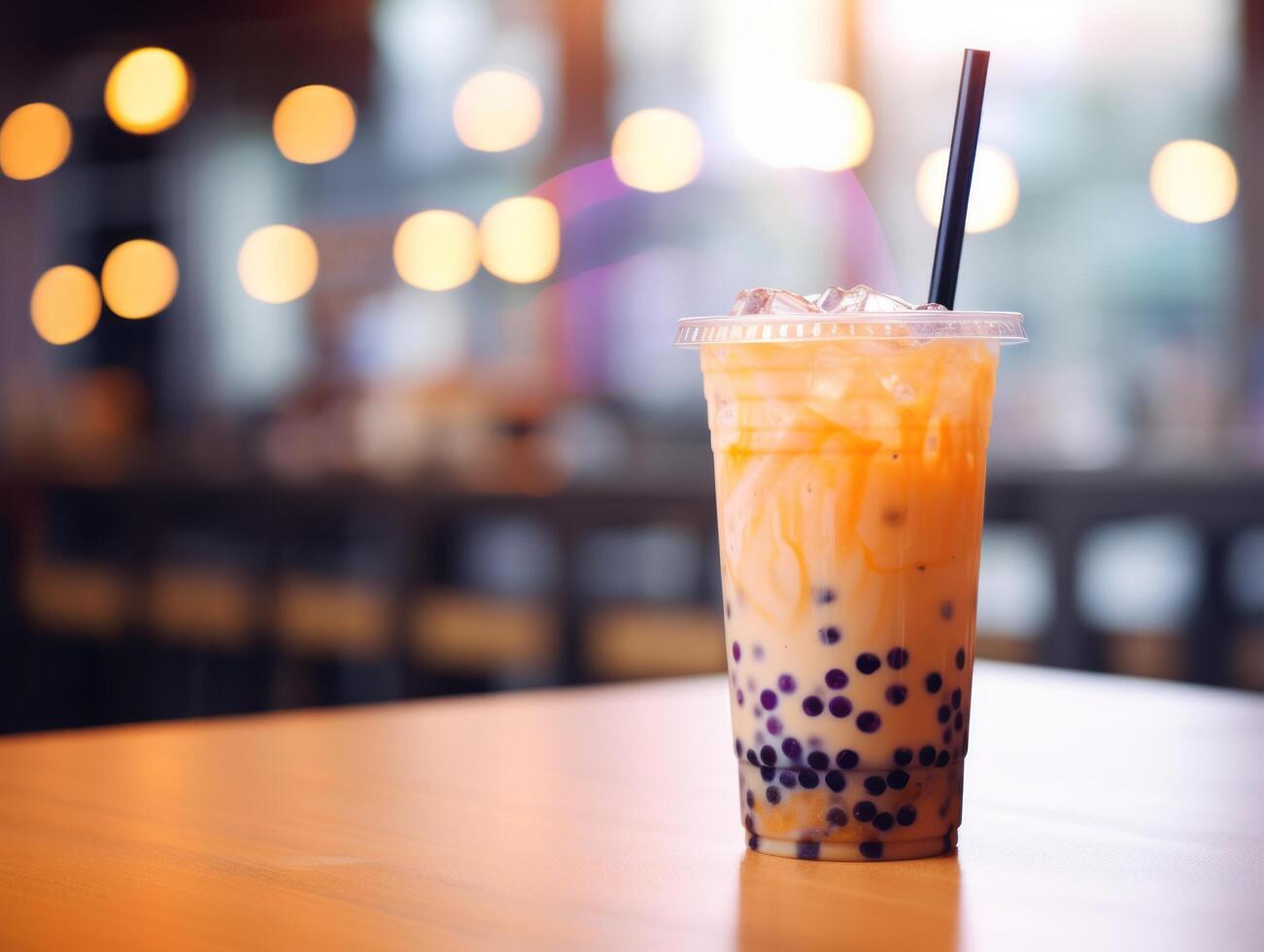 AI generated bubble tea drink on table with straw photo