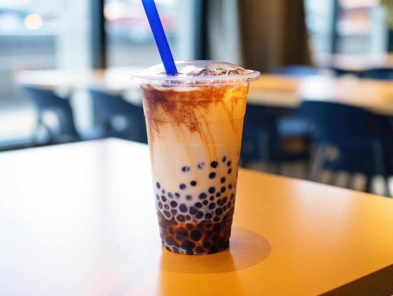 AI generated bubble tea drink on table with straw photo