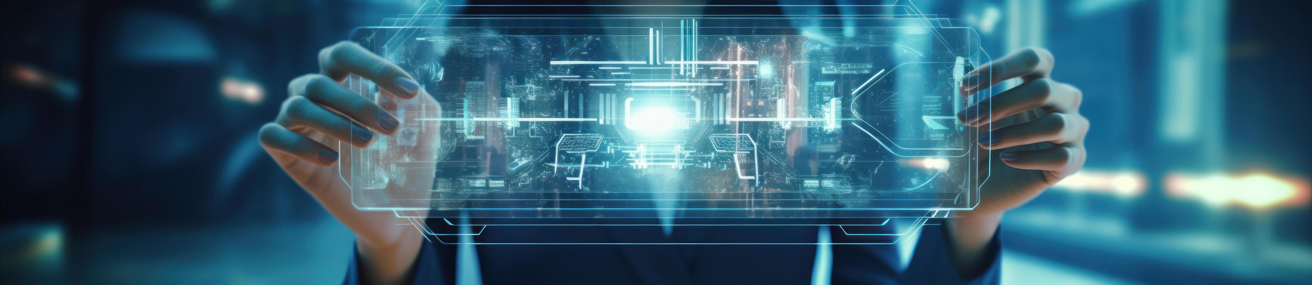 AI generated business man touching glowing white light tablet photo