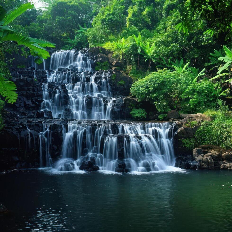 AI generated Majestic waterfalls surrounded by lush foliage, a refreshing scene for a hot summer day photo