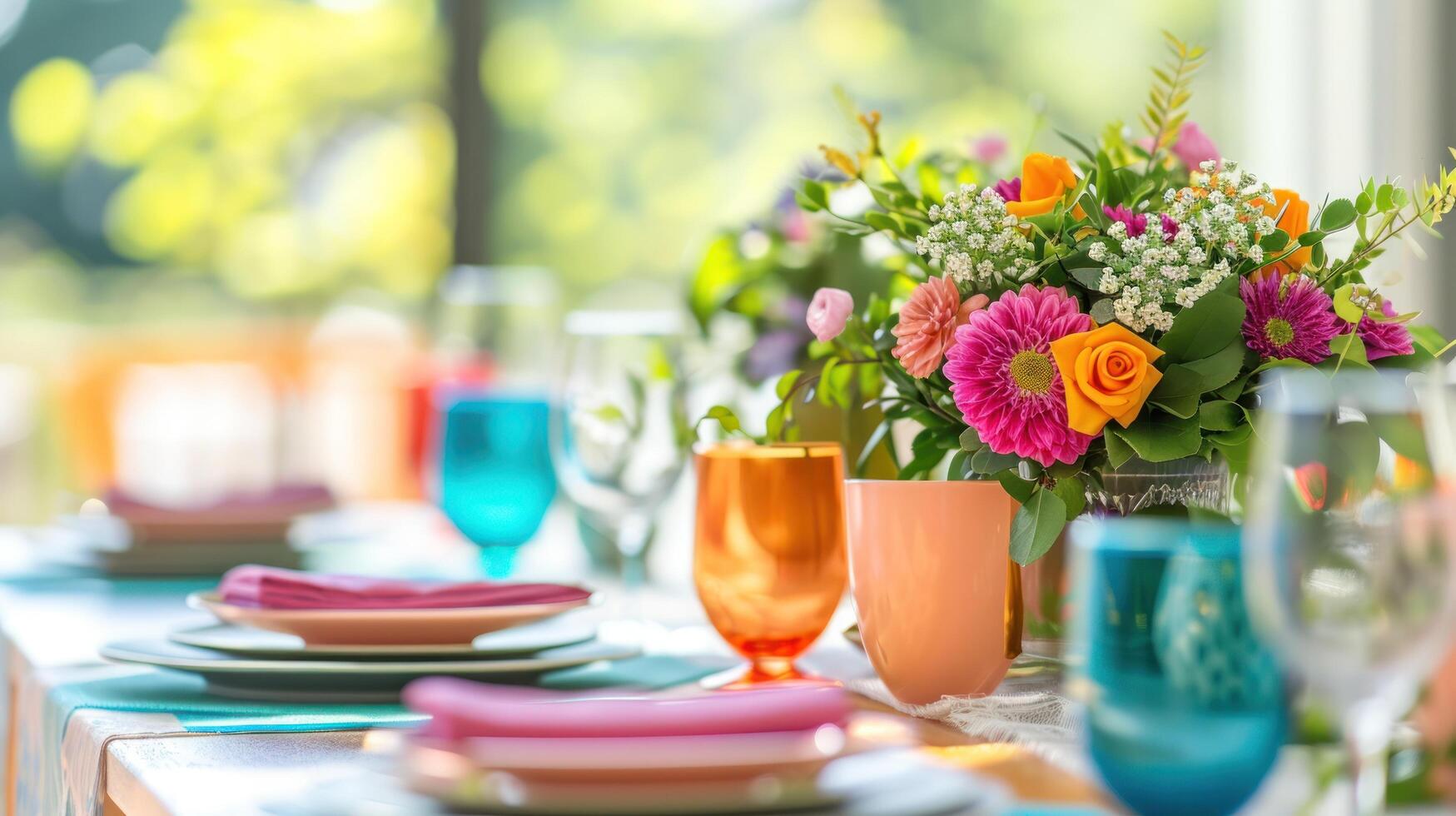 AI generated Color-coordinated tableware and centerpieces set the mood for celebration with copy space photo