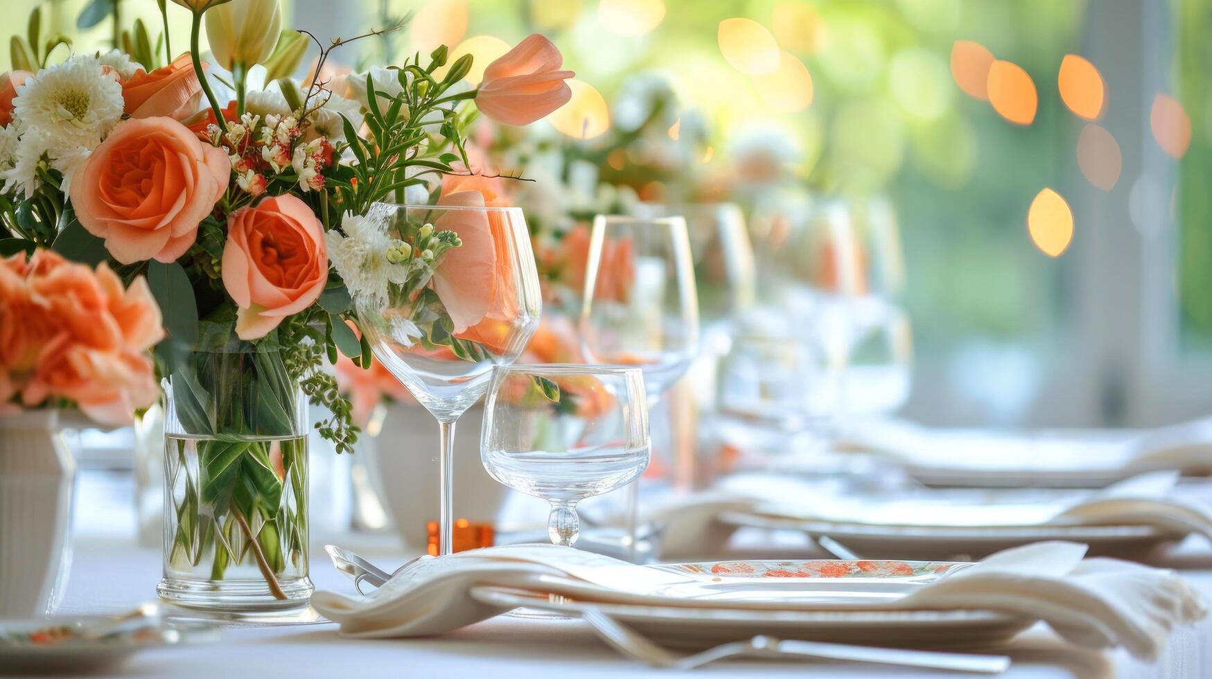 AI generated Color-coordinated tableware and centerpieces set the mood for celebration with copy space photo