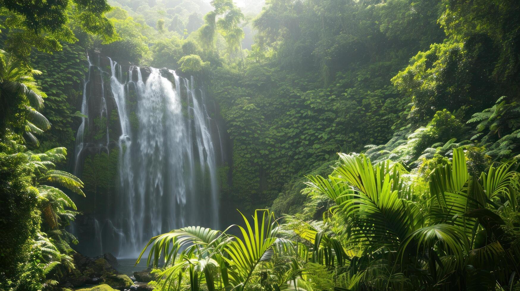 AI generated Majestic waterfalls surrounded by lush foliage, a refreshing scene for a hot summer day photo