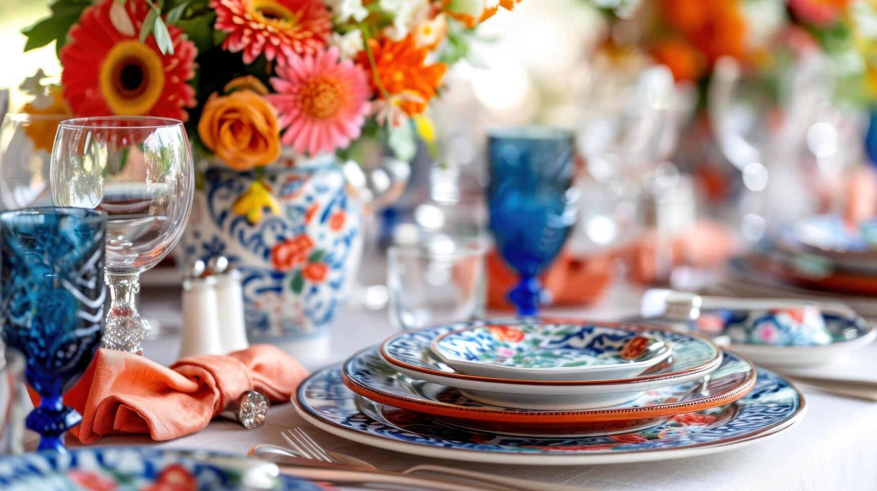 AI generated Color-coordinated tableware and centerpieces set the mood for celebration with copy space photo