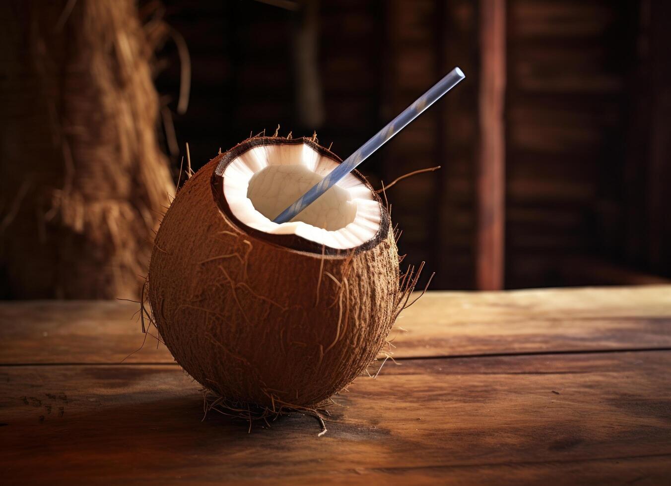 AI generated coconut dipped with straw sitting on a wooden table photo