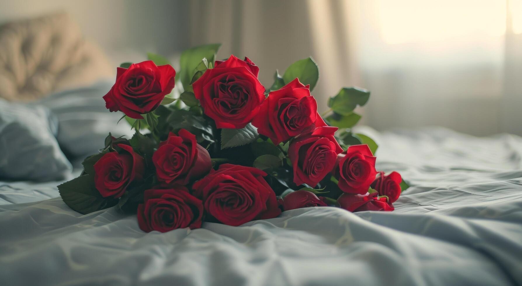ai generado un ramo de flores de rojo rosas en de alguien cama foto