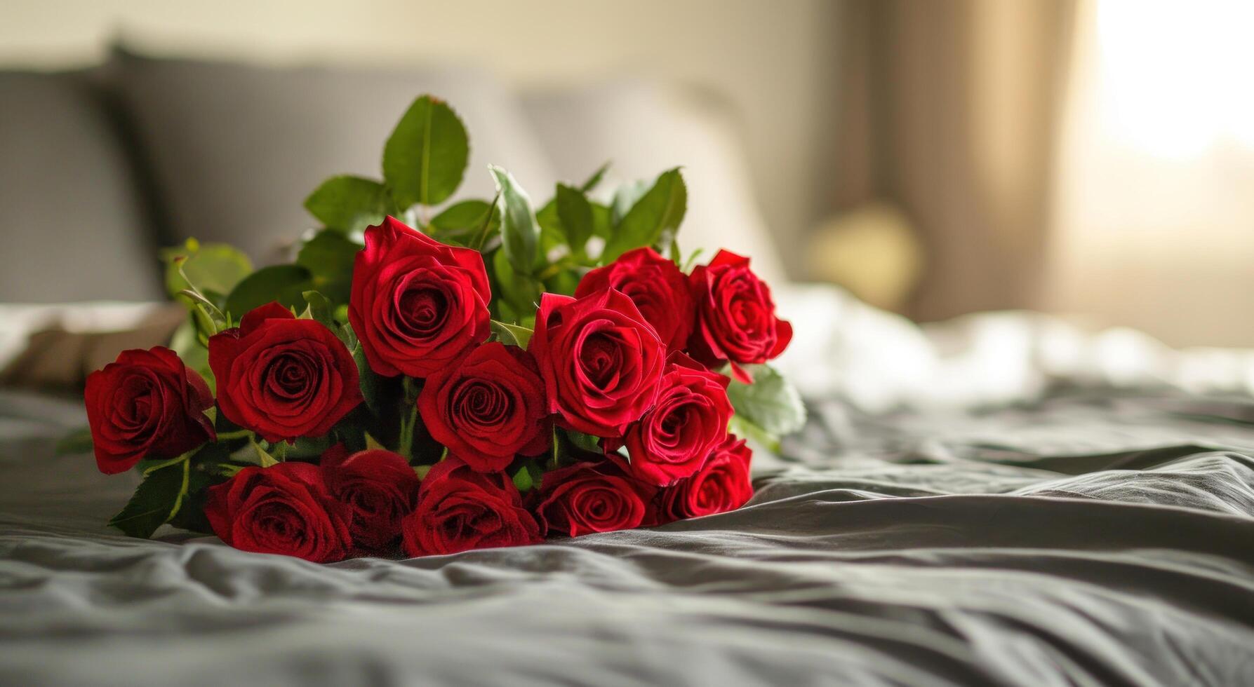 AI generated a bouquet of red roses on someone's bed photo