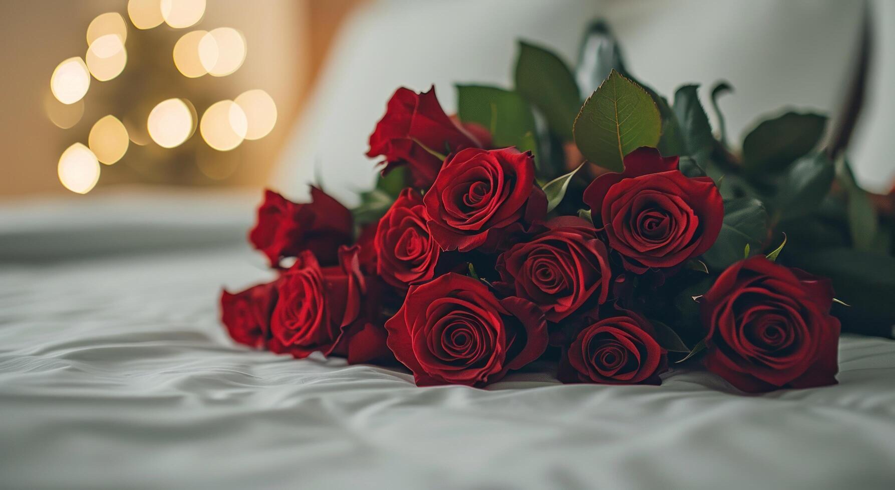 AI generated a bouquet of red roses on someone's bed photo