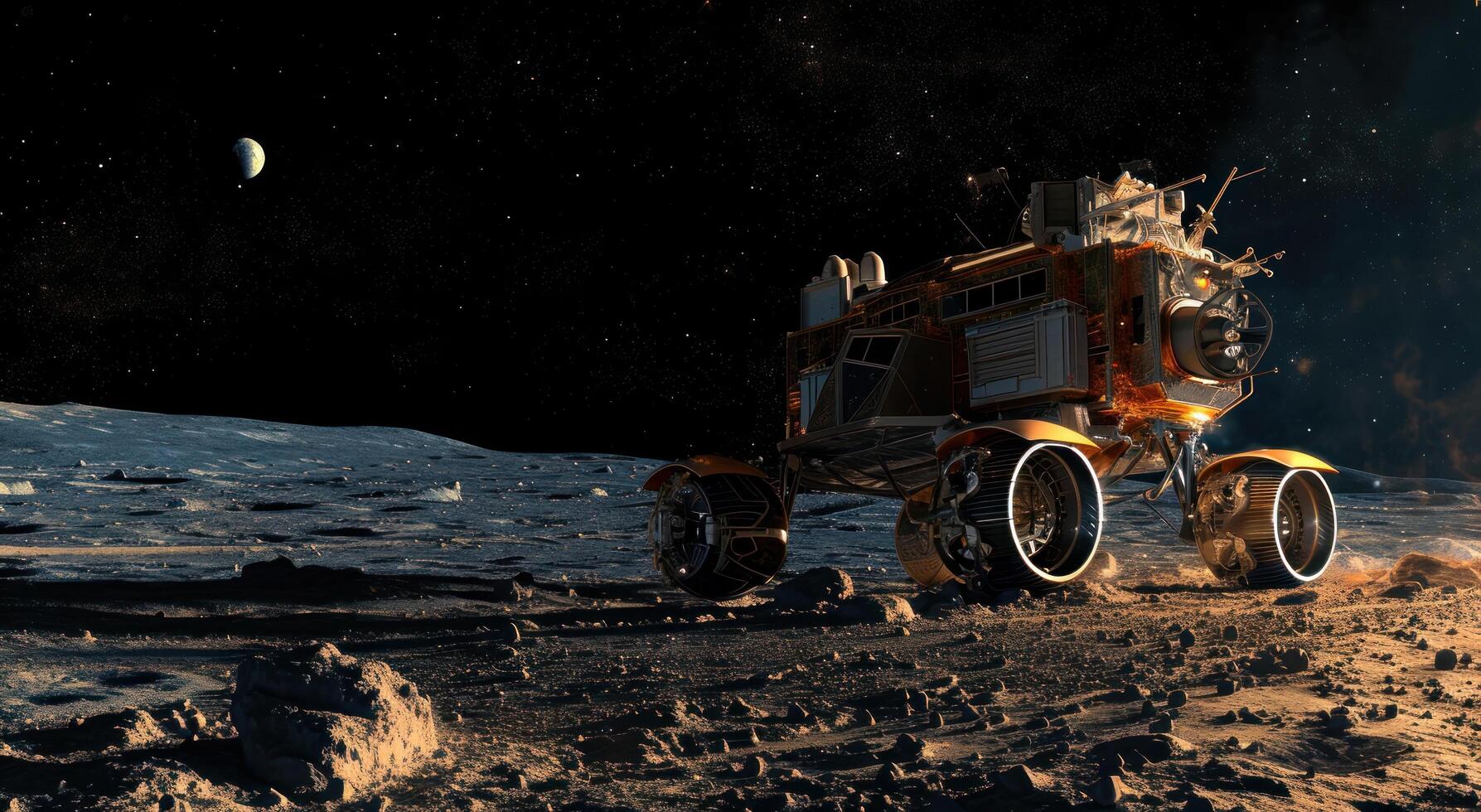 AI generated a modern, robotic spacecraft is on the moon with it's wheels off photo