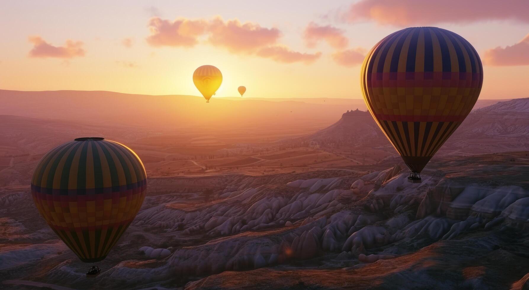 AI generated hot air balloons flying above high hills, plateau, sunrise balloon photo