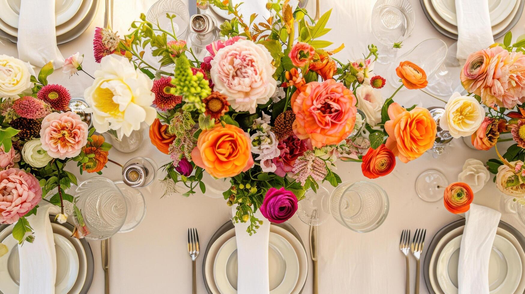 AI generated Color-coordinated tableware and centerpieces set the mood for celebration with copy space photo