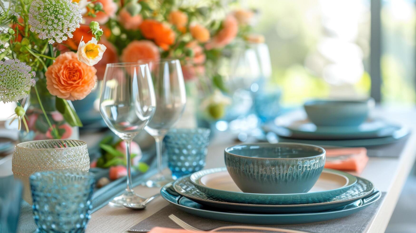 AI generated Color-coordinated tableware and centerpieces set the mood for celebration with copy space photo