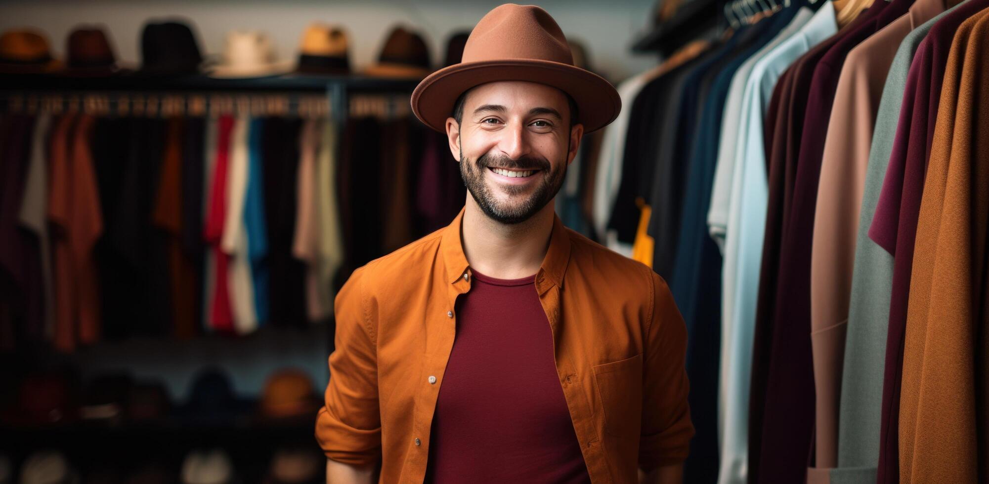 AI generated fashion designer wearing a hat standing in front of a rack photo