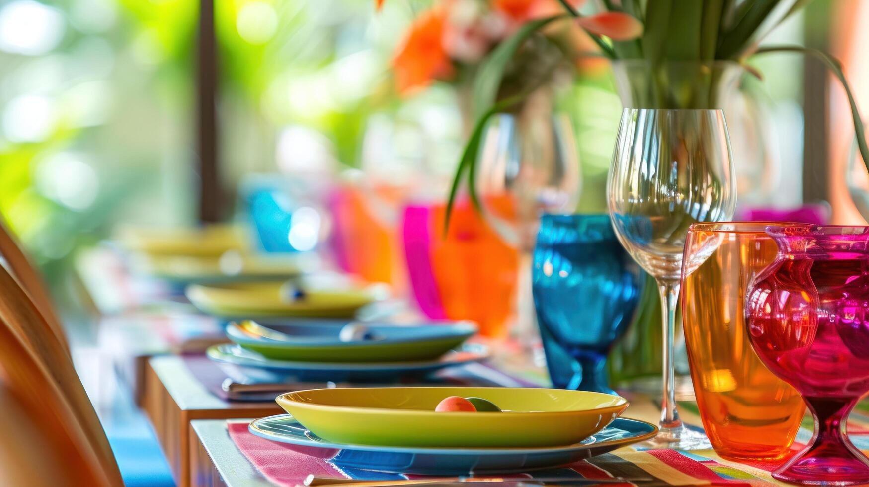 AI generated Color-coordinated tableware and centerpieces set the mood for celebration with copy space photo