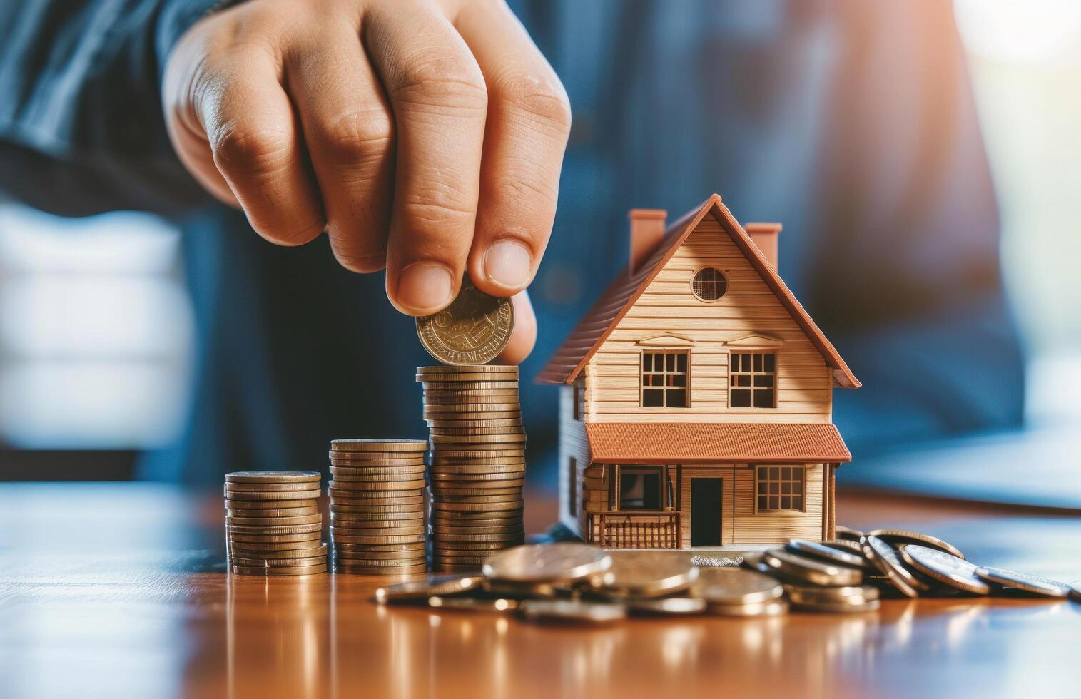AI generated one man pushing coins towards a model house behind it photo
