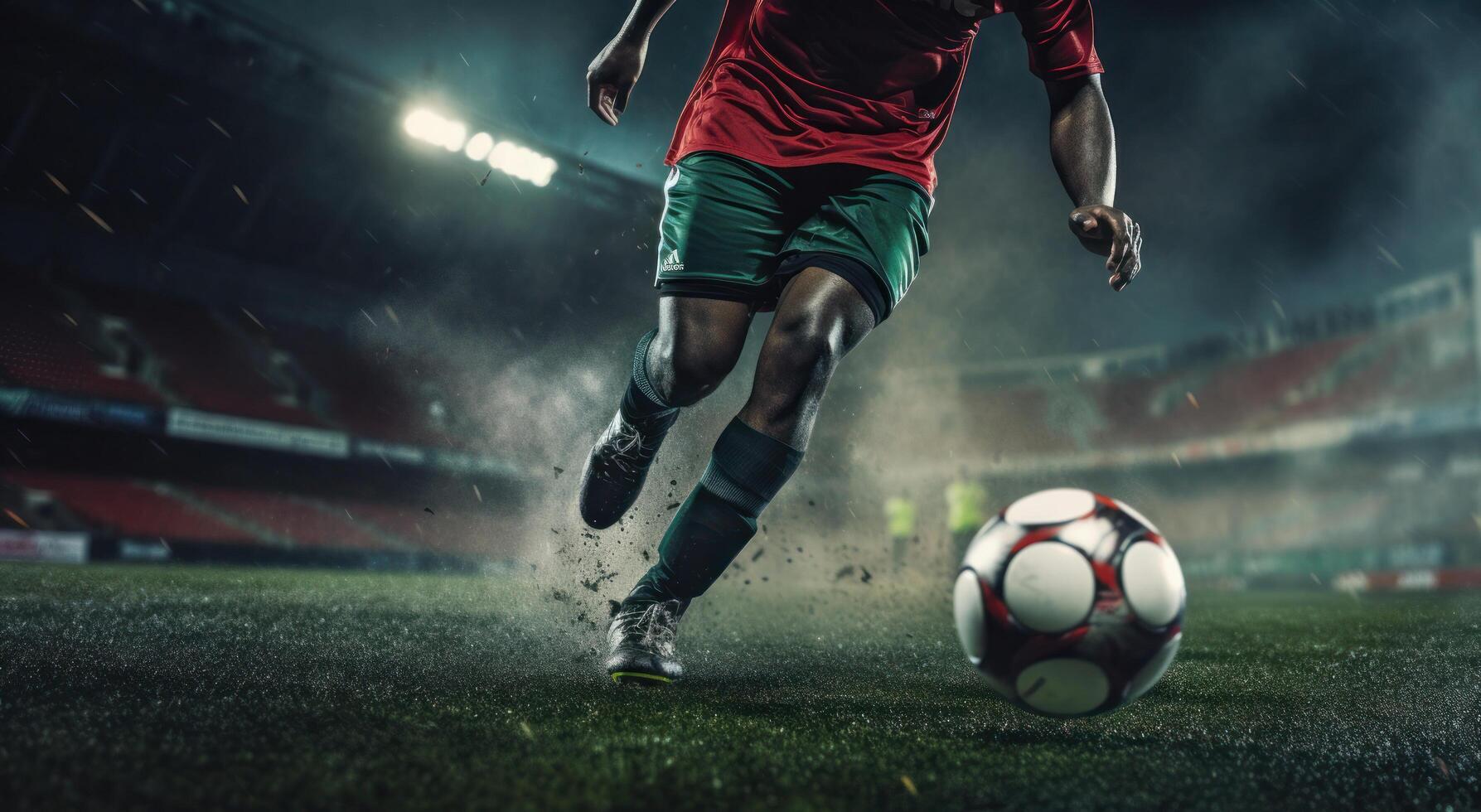 AI generated man kicking soccer ball at football match photo