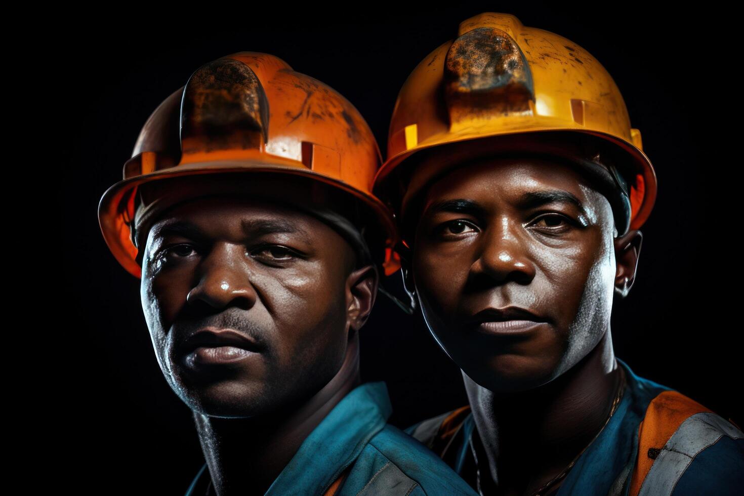 AI generated mining workers wear orange hard hats photo