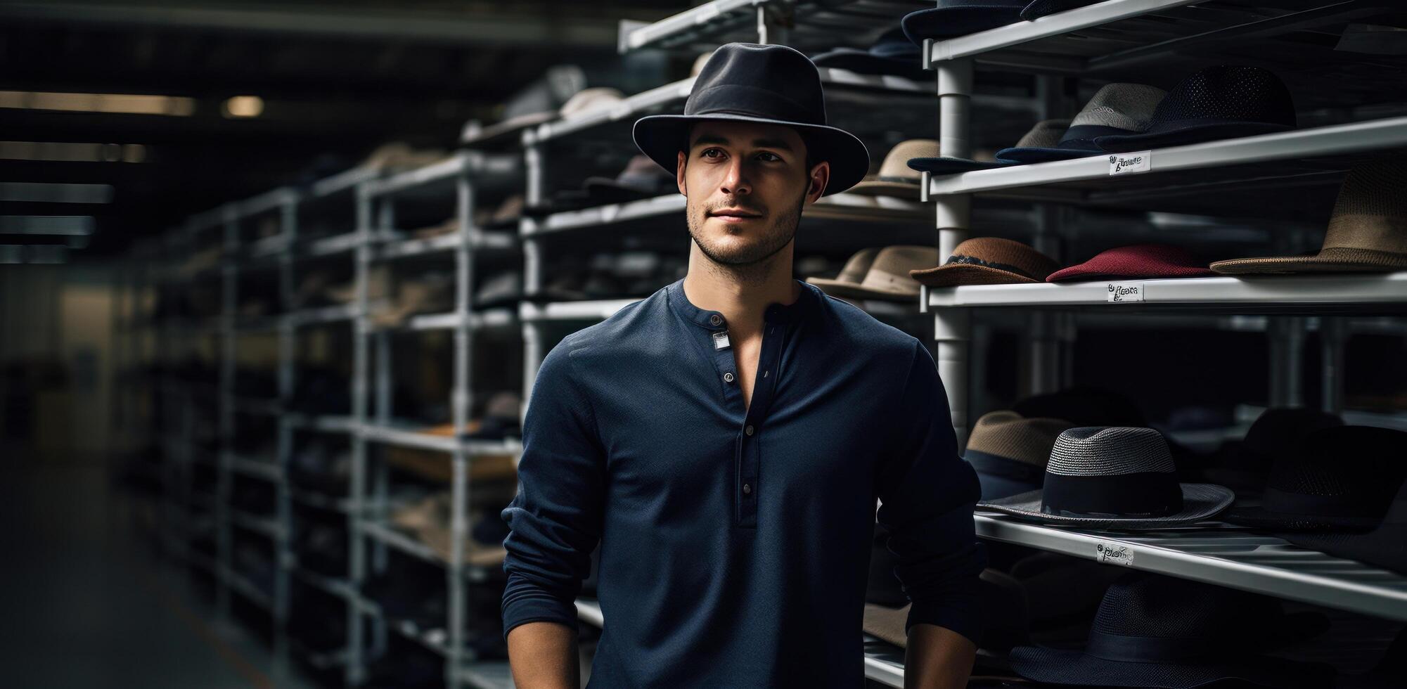 AI generated fashion designer wearing a hat standing in front of a rack photo