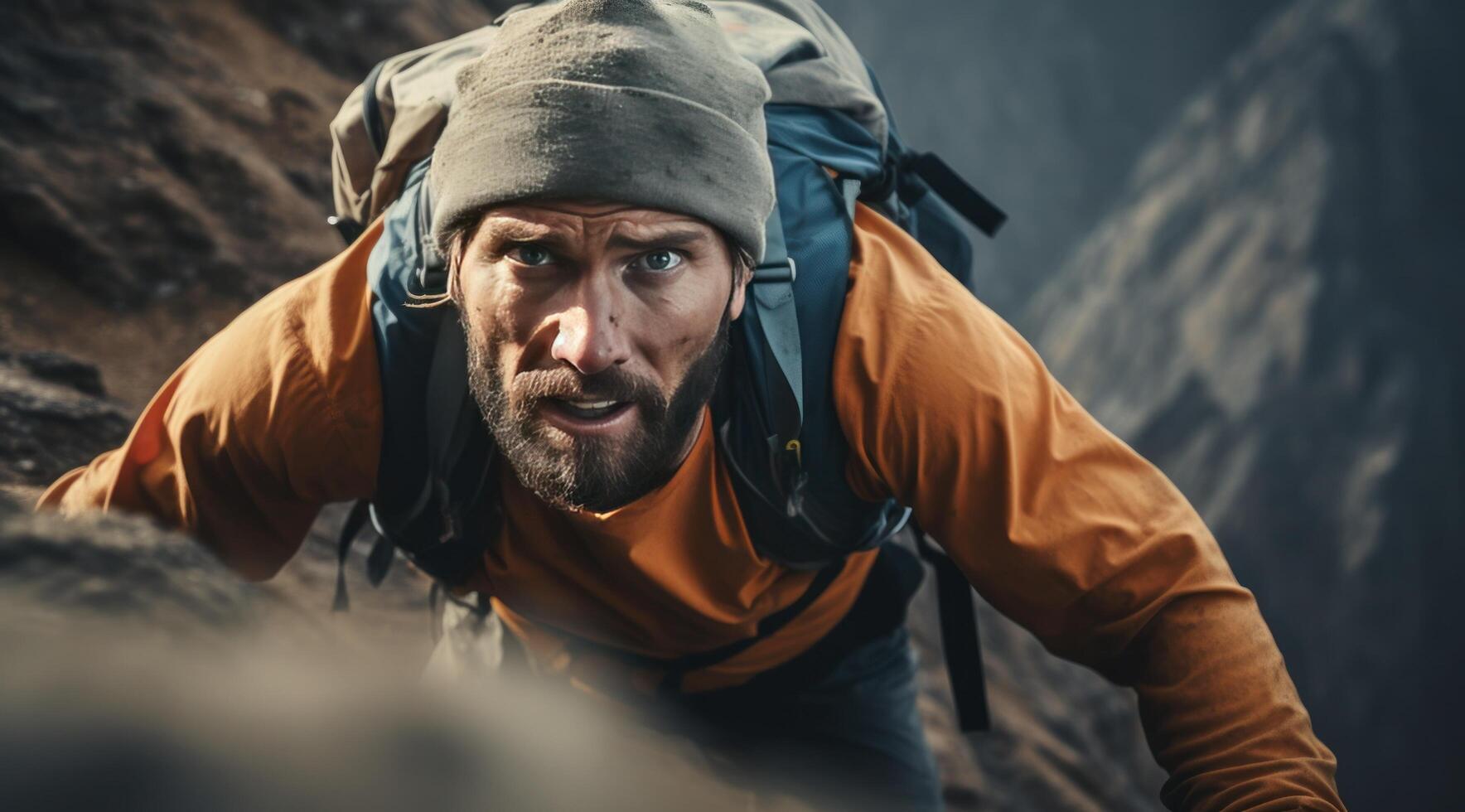 AI generated man climbing a mountain photo
