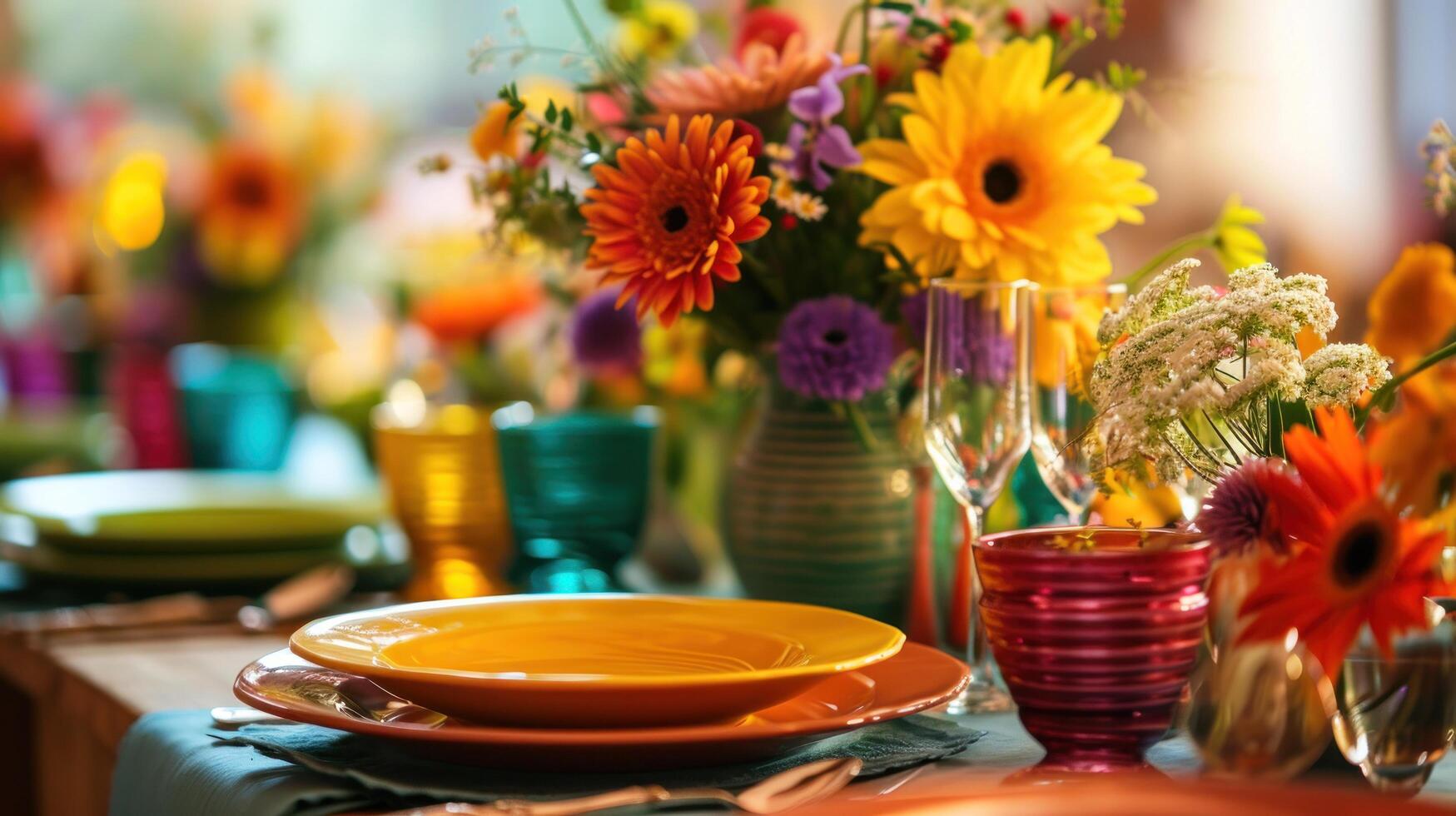 AI generated Color-coordinated tableware and centerpieces set the mood for celebration with copy space photo